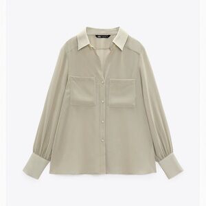 Semi Sheer Patch Pocket Button Down Blouse S Zara Beige